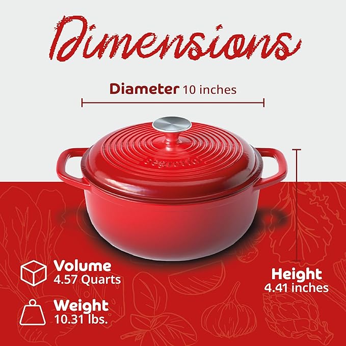 Segretto Cookware Enameled Cast Iron Dutch Oven with Handle, 4.57 Quarts, Rosso (Red) 4.57 qt Oven Safe Pot With Lid Ceramic Enamel Cast Iron Pot Cookware for Bread Baking, Soups