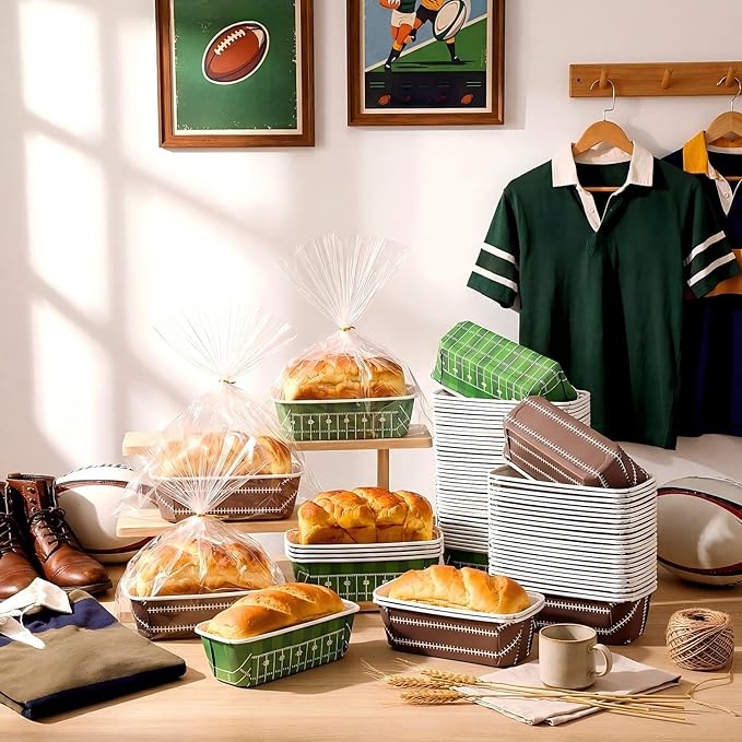 Honeydak 100 Sets Football Game Paper Baking Pans Bulk Paper Mini Loaf Pans with Bags for Baking 6.3 x 2.2 x 2.2 in Disposable Serving Trays Field Ball Pattern the Big Game Party Supplies (Football)