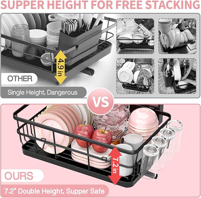 Dish Drying Rack for Kitchen Counter, Kitchen Dish Rack Black, Large Sink Dish Drainer Dryer Rack Small Space, Kitchen Dishes Strainer Drying Rack with Drain Board Cup Holder Cutlery Holder