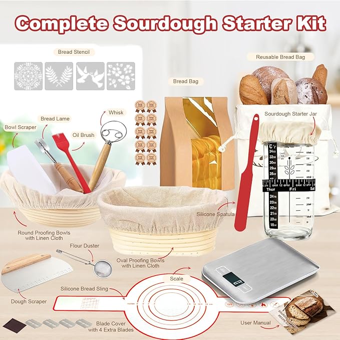 Sourdough Starter Kit with Scale, Glass Jar and Banneton Bread Proofing Basket - Complete Sourdough Bread Baking Supplies, Sour Dough Making Essentials Tools, Gift for Bakers Beiginner Women Wife Mom