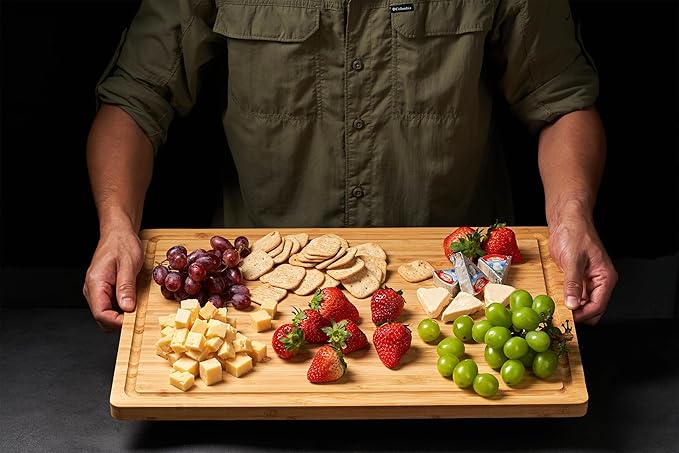 Allsum 24x18" Extra Large Bamboo Cutting Boards for Kitchen, XXL Wood Charcuterie Boards Cheese Serving Tray with Side Handles and Juice Grooves, Solid Durable Reversible