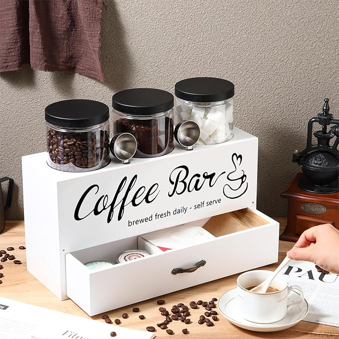 3 Pcs Coffee Canister Set with Shelf and Spoon Plastic Coffee Bean Storage Container with Lids Coffee Storage Box with Drawer Food Storage Jars for Coffee Bar Kitchen (White)