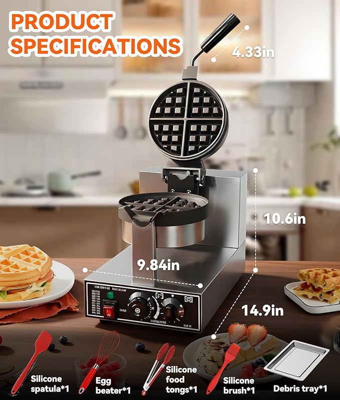 Commercial Waffle Maker, 1300W Round Waffle Iron, Teflon-Coated Non-Stick Baking Pan 180° Rotatable Waffle Baker Machine Stainless Steel Body With Temp and Time Control 110V-120V