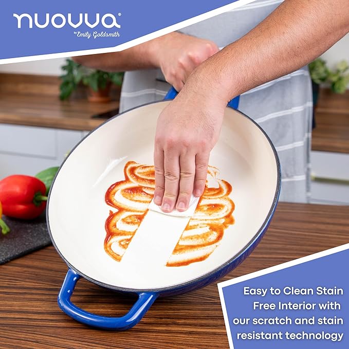 Shallow Cast Iron Casserole with Lid – Non Stick Dutch Oven Pot, Oven Safe up to 500° F – Sturdy Ovenproof Stockpot Cookware – Enamelled Cooking Pot – Dark Blue, 5-Quart, 32cm – by Nuovva