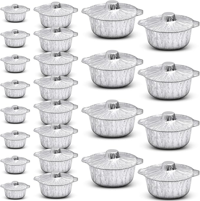 24 Pcs Disposable Aluminum Pot with Lid Round Foil Pans Disposable Cookware Food Container for Vacation Trips Camping Baking Heating Cooking (33.8,67.6,121.7 oz)