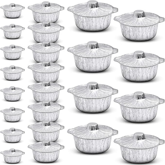 24 Pcs Disposable Aluminum Pot with Lid Round Foil Pans Disposable Cookware Food Container for Vacation Trips Camping Baking Heating Cooking (33.8,67.6,121.7 oz)