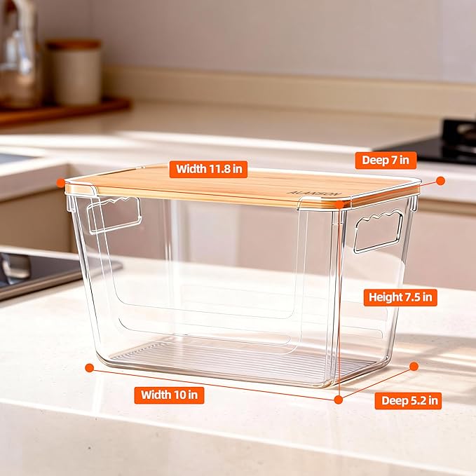 2 Pack Multi-Function Storage Boxes with Bamboo Lids, Trash Bag Organizer, Suitable for Organizing Kitchen, Cabinets, Under Sink, Laundry Room and Pantry (Clear, 2 Pack)