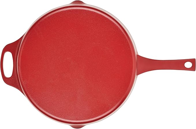 Rachael Ray NITRO Cast Iron Frying Pan/Skillet with Helper Handle and Pour Spouts, 12 Inch, Red