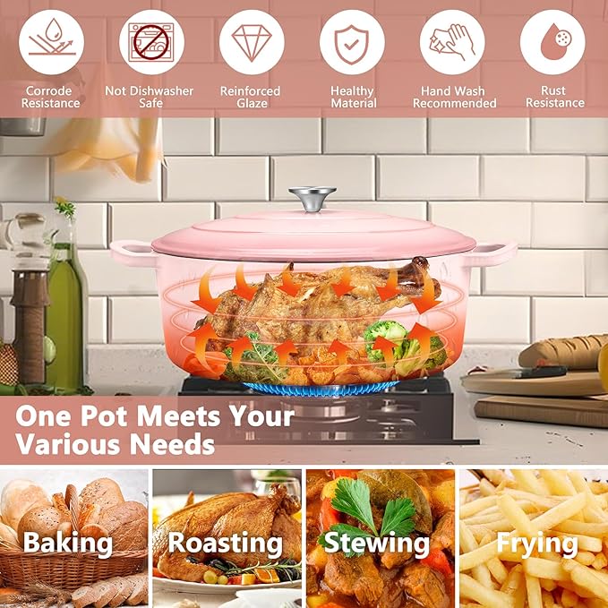 TeamFar Oval Dutch Oven, 5qt Enameled Cast Iron Dutch Oven Pot with Lid, For Bread Baking/Stewing/Braising/Frying, Suitable for Various Stoves, Dual Handles & Easy Cleanup, Pink