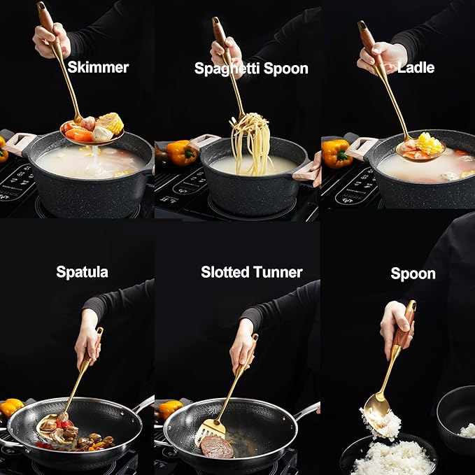 Gold Kitchen Utensils Set, 9 PCS Stainless Steel Cooking Utensils with Wood Handle, Solid and Slotted Spoon, Fork, Spatula, Ladle, Skimmer, Slotted Tunner, Spaghetti and Large Spoon