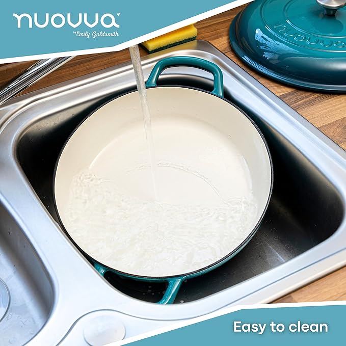 Shallow Cast Iron Casserole with Lid – Non Stick Dutch Oven Pot, Oven Safe up to 500° F – Sturdy Ovenproof Stockpot Cookware – Enamelled Cooking Pot – Teal, 5-Quart, 32cm – by Nuovva
