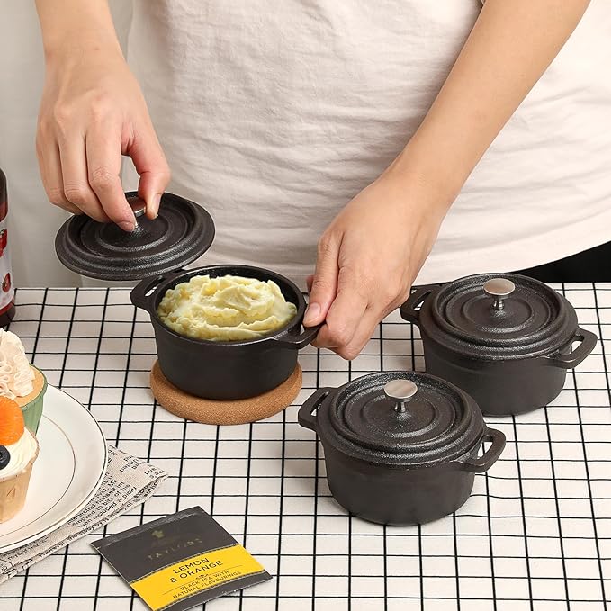 3 Pcs Mini Cast Iron Dutch Oven Set – 8 oz Garlic Roaster Cocotte Pots with Lids, Handles and Cork Pan Mats Small Cast Iron Pots for Baking, Roasting, BBQ Grill, Stovetop and Oven Use