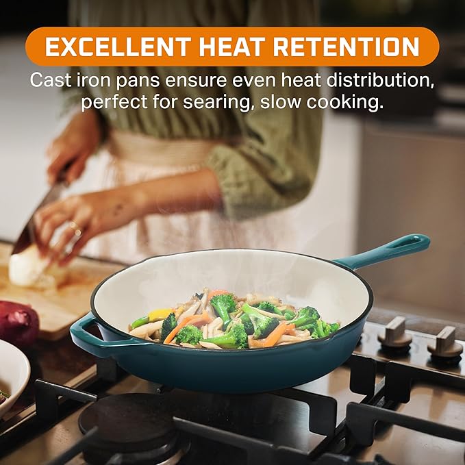 Bruntmor Cast Iron Pan - 10x16-Inch Round Skillet with Pour Spout - Frying Pan Compatible with Stovetops, Ovens, and Grills -Pre-Seasoned Non-Stick Surface Kitchen Tool and Cookware for Frying - Teal