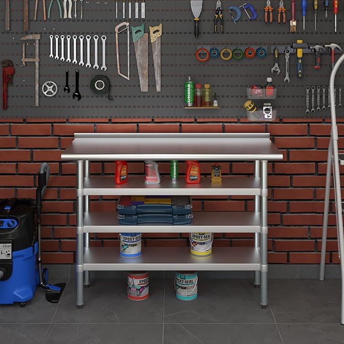 AmGood Stainless Steel Work Table with 1.5" Backsplash and 3 Shelves | Metal Kitchen Food Prep Table | NSF (48" Long x 18" Deep)