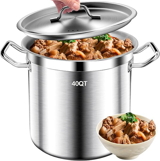 Large Stock Pot - Stainless Steel Stockpot with Lid - Heavy Duty Tri-Ply Bottom Commercial Grade Soup Pot for Cooking Soup, Stew, Canning, Oven, Gas, Ceramic, Dishwasher Safe