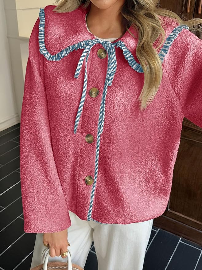 Tankaneo Womens Fuzzy Fleece Jacket Peter Pan Collar Button Down Fall Winter Sherpa Coats Colorblock Cute Warm Outerwear
