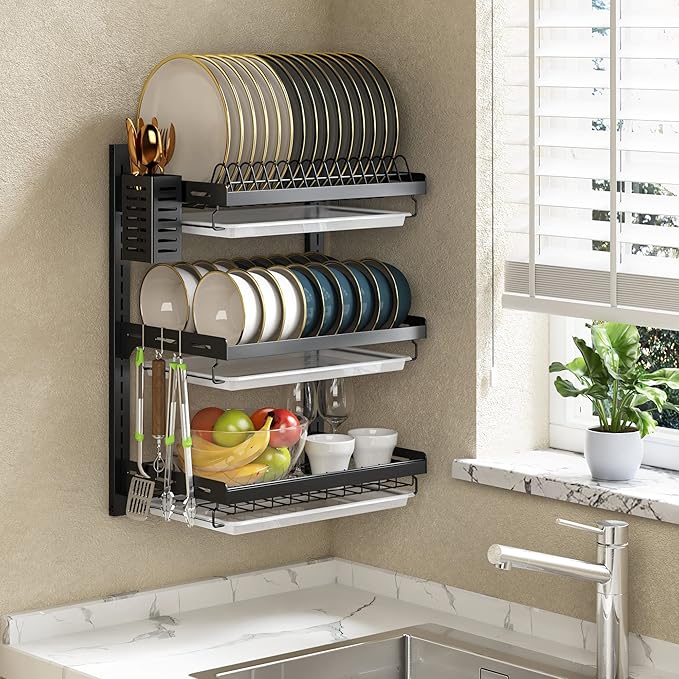 PUSDON Wall Mounted Dish Drying Rack, 3 Tier Stainless Steel Hanging Dish Drainer with Cutlery Holder, Drainboard and Hooks, Fruit Vegetable Kitchen Supplies Plates Bowls Cups Storage Shelf, Black