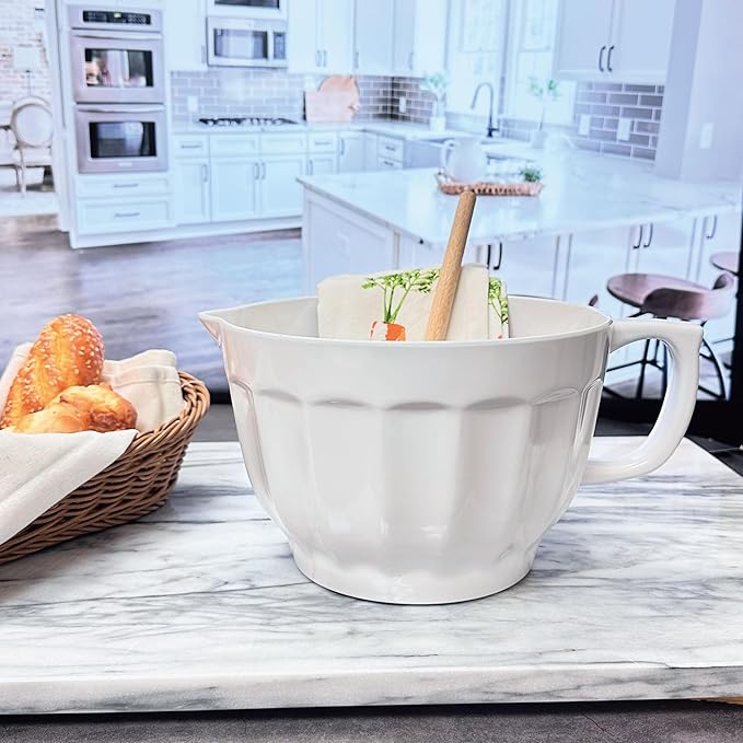 UP Latte Style Melamine Batter Bowl with Pour Spout, Handle and Non-Slip Base, Grip Handle for Easy Mix and Pour, Home Essentials Cooking and Baking Tools, 4.3 quart, 11.5 x 8.75 Inch, White