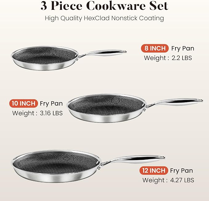Kitchen Academy 8/10/12 Inch Stainless Steel Skillet Set, 3-Piece Tri-Ply Induction Frying Pans, Oven Safe & Dishwasher Safe, PFOA-Free Cookware