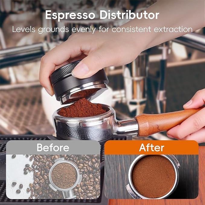 7 Pcs 54mm Espresso Tamper Tools Accessories Kit for Coffee WDT Tool Accessories Set Coffee Tamper Set with Wood Espresso Tamping Station Distributor Dosing Funnel Stirrer Brush Puck Screen -54mm