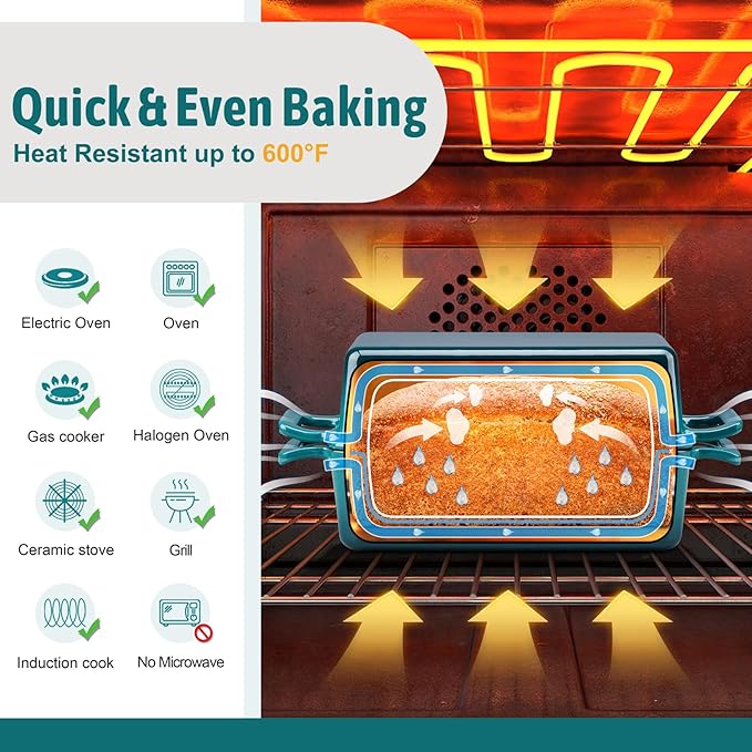 P&P CHEF 2-In-1 9 x 5 Inch Cast Iron Loaf Pan with Lid (Dark Green), Bread Loaf Pans for Baking Homemade Sourdough Bread, Meatloaf, Toast, Cake, Nonstick & Healthy & Sturdy, 2 Piece Set