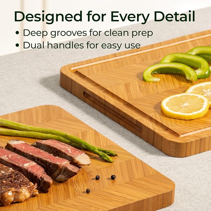 Bamboo Cutting Board, Reversible Wood Cutting Boards for Kitchen with Juice Grooves, Atelier Collection Handcrafted Large Serving Tray, Luxury Housewarming Wedding Gifts for New Home