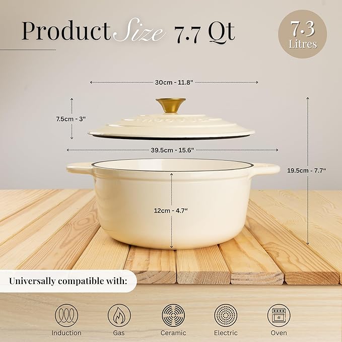 Nuovva Enamelled Cast Iron Dutch Oven Pot with Lid 7.3 Quart Non Stick Casserole Pot – Heavy Duty & Oven Safe up to 500° F for Bread Baking, Braising, Stews, Roasting – 30cm Cream