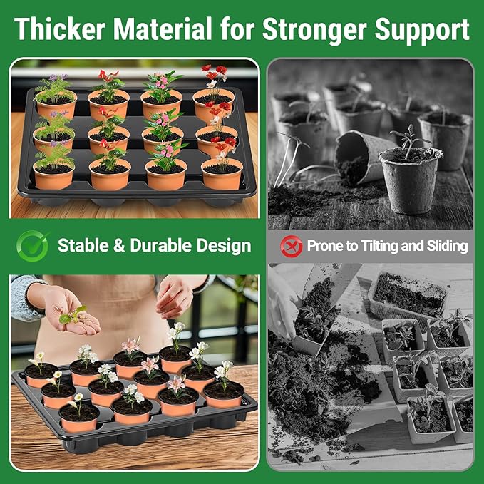 Sckee 12 Cell Round Nursery Pots Trays,Flower Pot Moving Tray, Nursery Pot Tray Plastic Planting Pot Carrying Trays for Moving Nursery Pot (17.2"×13.2"×2.5", 10PCS for 4'' Pots)