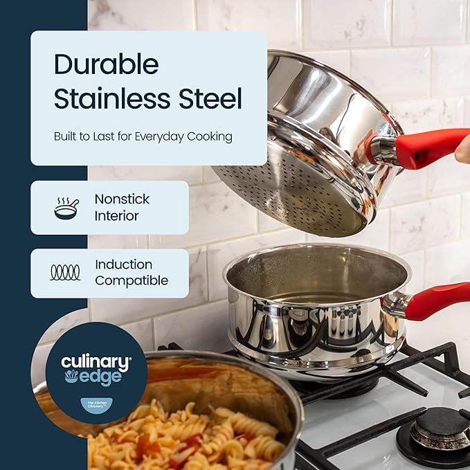 Culinary Edge Stainless Steel Nonstick 4-Piece Double Boiler Set Saucepan and Steamer