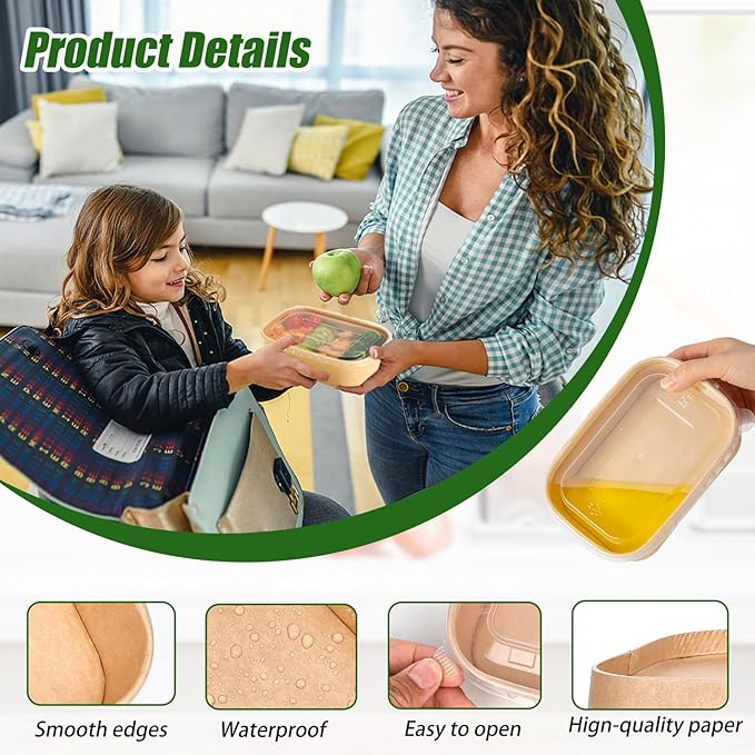 DI QIU REN 50-Pack 29oz Disposable Kraft Paper Bowls【with Lids and Forks】,Meal Prep Containers Disposable To go Food Containers Christmas Take Out Containers, Microwave Safe for Hot/Cold Food