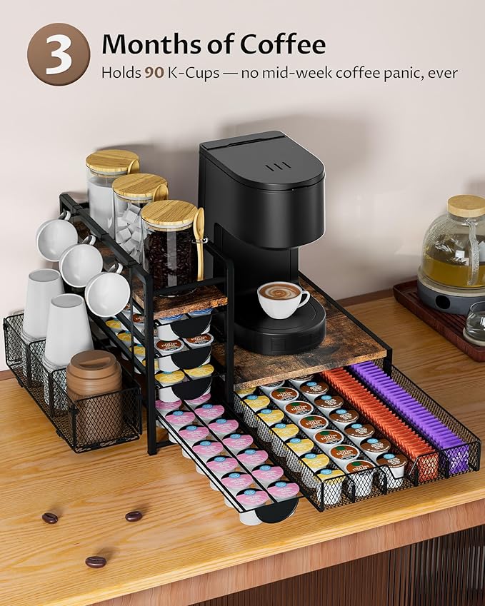 Coffee Bar Organizer - 90 K-Cup Capacity, 3 Hooks, Multi-Tier Storage for Pods, Mugs & Accessories, Tea Bags & Coffee Station Organizer, Space-Saving Kitchen Countertop K-Cup Holder