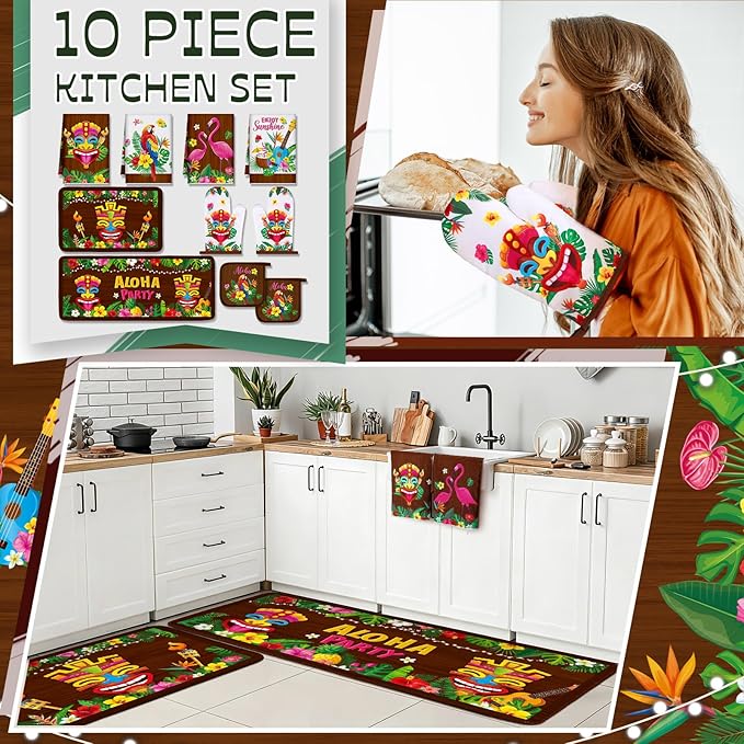 10 Pcs Hawaii Kitchen Towels Oven Mitts and Pot Holder Luau Aloha Kitchen Set Decor Flower Tropical Palm Rugs and Mats Parrot Flamingo Dish Towels for Summer Chef Baking Cooking Grilling BBQ