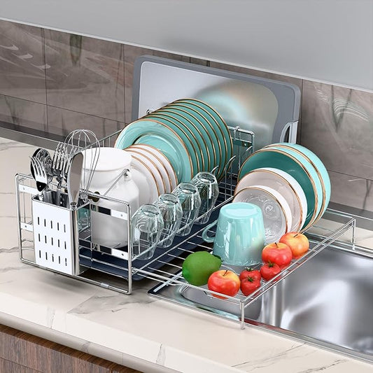 Large Dish Drying Rack, Expandable Dish Rack, 304 Stainless Steel Dish Racks for Kitchen Counter, Multifunctional Dish Drainers with Utensil Holder & Cutting Board Holder