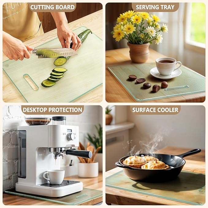 3 Pack Glass Cutting Boards for Kitchen Counter, Clear Tempered Glass Cutting Board Set with Handle (16"x12" & 12"x8" & 9"x6"), Scratch Resistant, Dishwasher Safe, Non-toxic, Easy to Clean