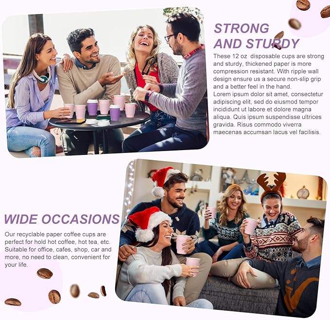 Patelai 48 Pcs 12 oz Disposable Coffee Cups with Lids and Sleeves Bulk, Insulated Hot Chocolate Paper Cup for Hot and Cold Beverage Water Juice Cocoa Tea Party Restaurants Travel Supplies (Purple)
