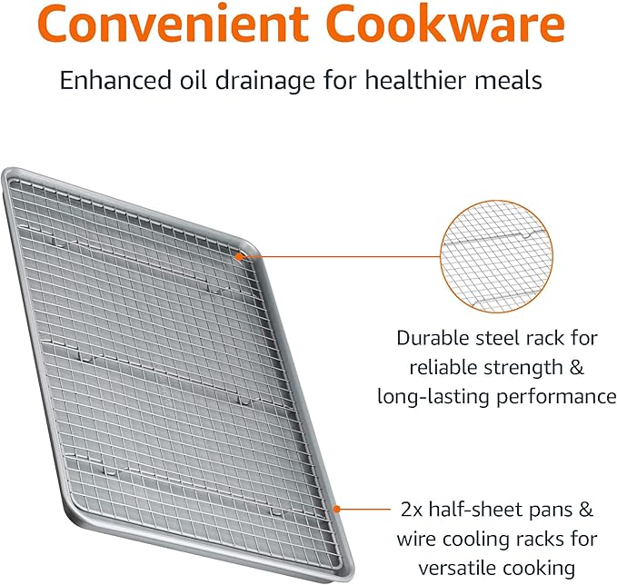 Amazon Basics Ceramic Nonstick Baking Sheets & Cooling Rack Set, PTFE & PFOA Free, Dishwasher Safe, Oven Safe, Half Sheet Size, Gray, 2-Pack