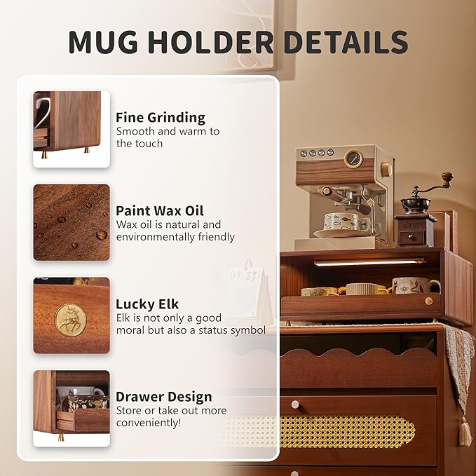 Coffee Station Organizer Wood Coffee Bar Organizer with Drawer Countertop Wooden Mug Holder for Kitchen CoffeeMaker Stand