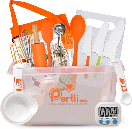 PERLLI Kids Real Cooking Set for Cooking and Baking – 31 Pc. Gift for Junior Chef with Real Utensils, Case & Safe Kids Knife Set for Boys & Girls – Fine Motor Skills & Fun for Children Ages 6+, Orange