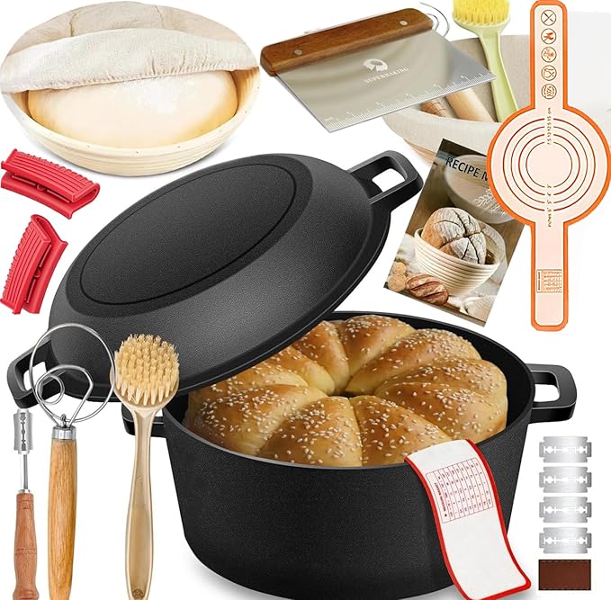 5QT Cast Iron Dutch Oven with Lid and with Double Handle for Bread Baking,Cast Iron Skillet Cooking Pan Heat Resistant,Non-Stick, Includes Bread Baking Supplies and Cleaning Brush.