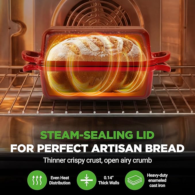 NutriChef 9x5" Enameled Cast Iron Loaf Pan with Lid, Enamel-Coated Baking Loaf Pan for Sourdough, Oven Safe, Nonstick Bread Pan with Silicon Gloves, Dishwasher Safe, Red
