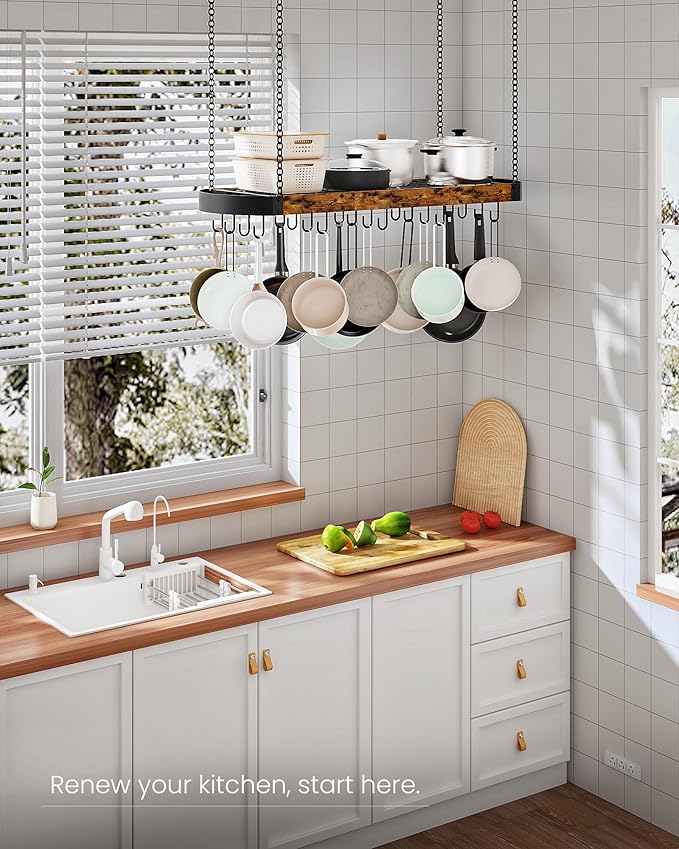 39.4-Inch Hanging Pot Rack, Space-Saving Pot Hanger for Kitchen, Ceiling Pan Hanging Rack with 16 Detachable S Hooks, Sturdy Metal Frame, Industrial Style, Rustic Brown and Black TPR10BF