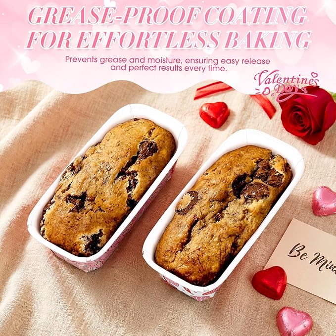 Honeydak 100 Sets Mini Loaf Baking Pans Bulk Paper Loaf Pans for Baking 6.3 x 2.2 x 2.2 in Heart Cookie Disposable Serving Tray Treat Pattern Party Supplies(Romantic)