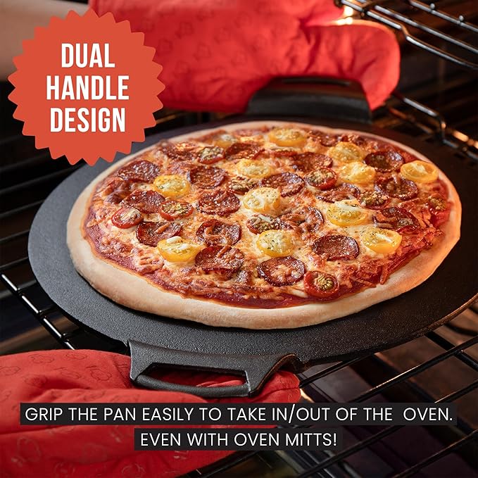 Chef Pomodoro Cast Iron Pizza Pan, Pre-Seasoned Dosa Pan with Handles, Flat Pan for Oven, Round Griddle for Dosa Tawa Roti, Comal for Tortillas, Baking Stove, Oven, Grill BBQ and Campfire (15-inch)