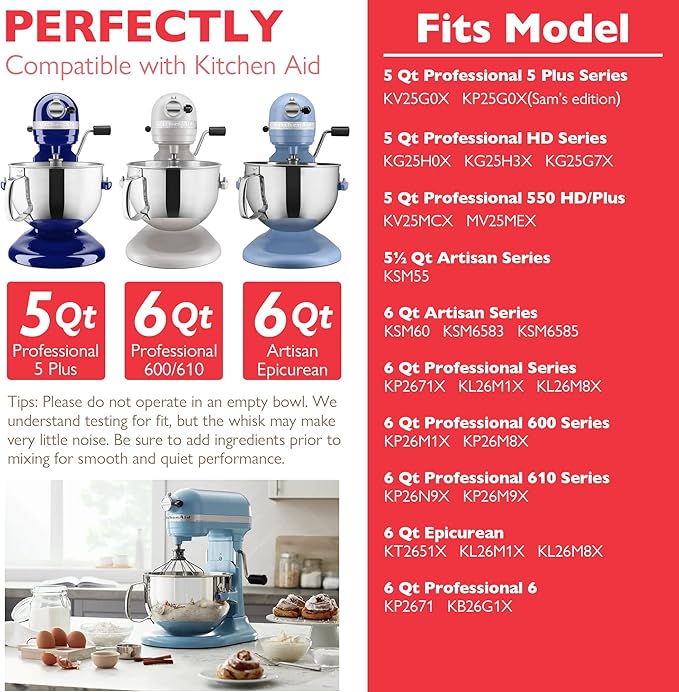 18/8 Stainless Steel 6 Quart Mixing Bowl for Kitchen Aid Professional Bowl Lift Stand Mixer, Heavy Duty Extra Mixer Bowl fits KP26, KB26, Dishwasher Safe, Ergonomic Handle, Silicone Scraper
