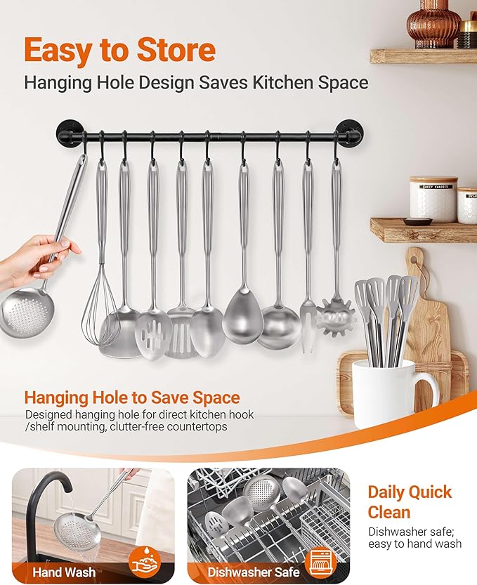 304 Stainless Steel Kitchen Utensils Set - 15PCS Long Metal Cooking Utensil Serving Utensils Set, Masher, Whisk, Turner, Serving Spoon, Fork, Tongs, Skimmer, Ladle, etc (Dishwasher Safe)