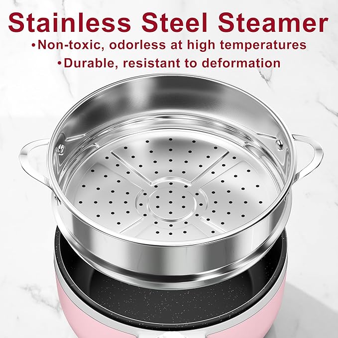 Dezin Hot Pot Electric with Steamer Upgraded, Non-Stick Sauté Pan, Rapid Noodles Electric Pot, 1.5L Mini Pot for Steak, Egg, Fried Rice, Ramen, Oatmeal, Soup with Power Adjustment