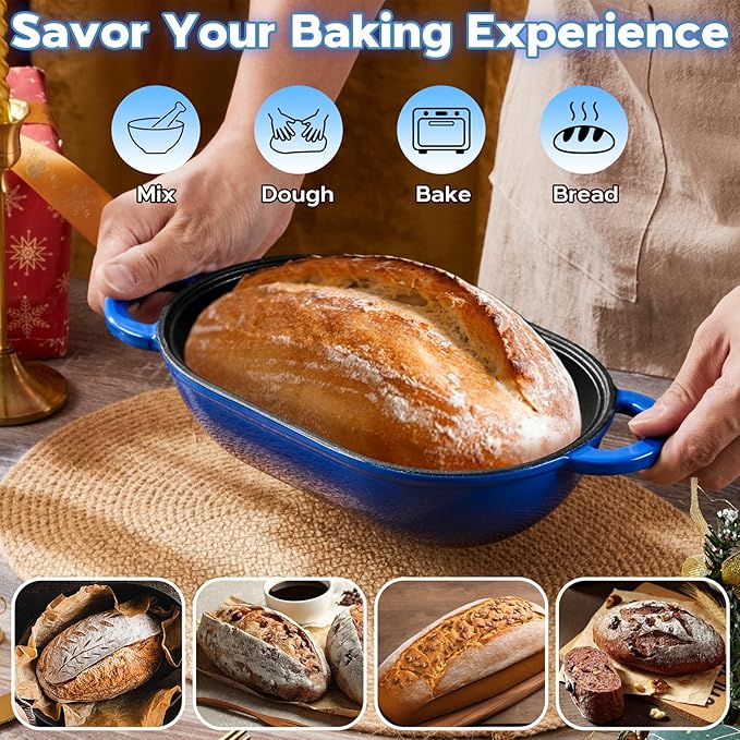 Onader Enameled Cast Iron Oval Dutch Oven Pot with Lid, 2.8QT Dutch Oven for Sourdough Bread Baking, Cast Iron Bread Pan, 9x5-1/2 Inch Loaf Meatloaf Pan, Heavy Duty - Blue