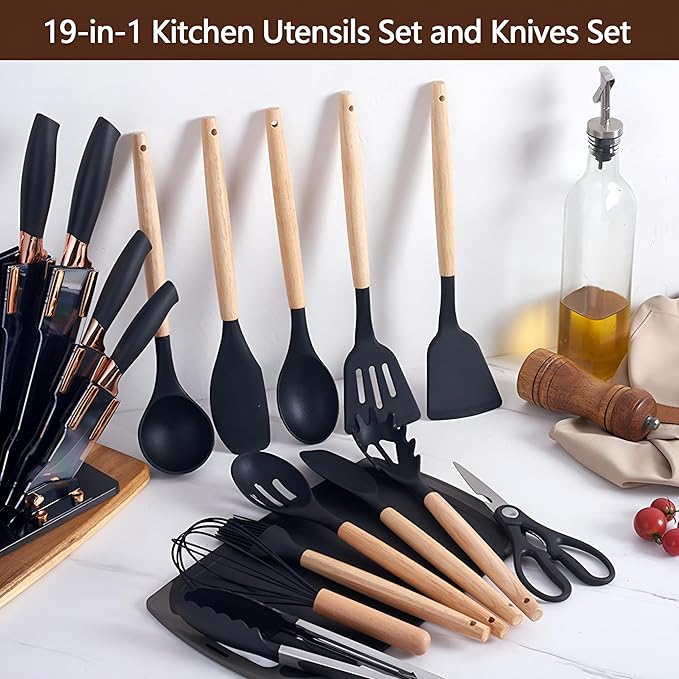 Kitchen Utensils Set and Knives Set,19-in-1 Kitchen Knife Set Include 11 PCS Silicone Cooking Utensils Set 5 PCS Sharp Stainless Steel Chef Knives Scissors and Cutting Board