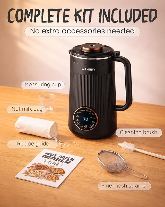 Wamery 32oz Nut Milk Maker Machine (Black) - Soy Milk Maker for Almond & Oat, Automatic Heated Programs, Self‑Cleaning, Delay Start, Keep Warm & Boil Water, 1‑Liter Capacity with Starter Accessories