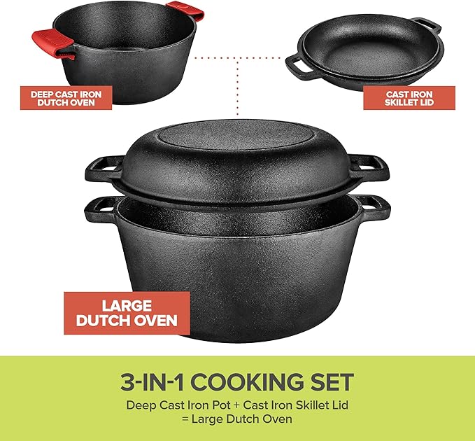 Modern Innovations 3-in-1 Dutch Oven & Skillet Combo, Preseasoned Cast Iron Cookware Set, 5QT Dutch Oven, 1.6QT Skillet with Lid, Versatile Pots and Pans for Camping & Home Cooking